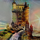 Majestic castle with spires and turrets in colorful clouds