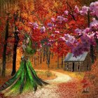 Whimsical artwork of woman in green dress on forest path with autumn colors and cozy cabin