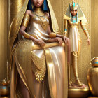 Digital artwork featuring two women in ornate golden headpieces and jewelry, set against intricate golden patterns.