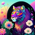 Majestic lion with luminous mane in vibrant digital artwork