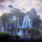 Person in red admiring waterfall with birds and swirling clouds