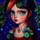 Vibrant digital artwork featuring woman with peacock feather hair and makeup