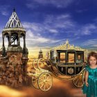 Fantastical scene: two girls, flower-adorned carriage, castle, dramatic sky