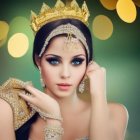 Stylized portrait of person with almond-shaped eyes and golden crown against bokeh light background