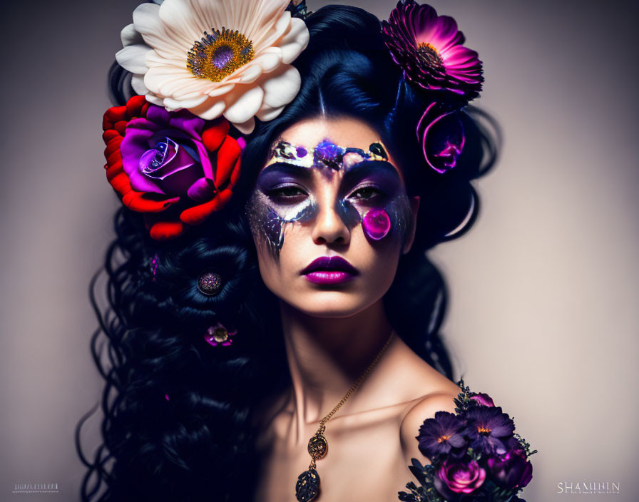 Woman with artistic makeup and floral hair - dramatic and mystical aura