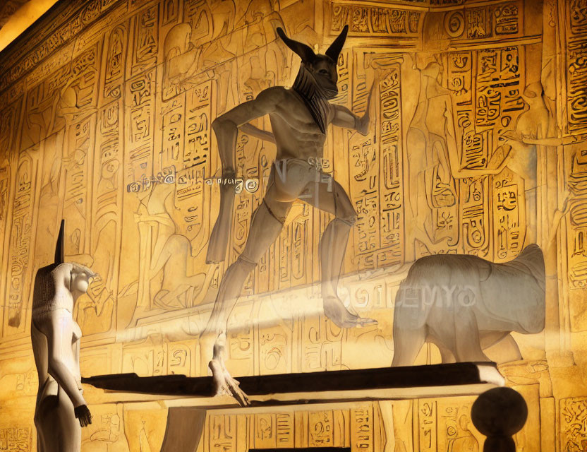 Ancient Egyptian Anubis and Sphinx statues in warm lighting