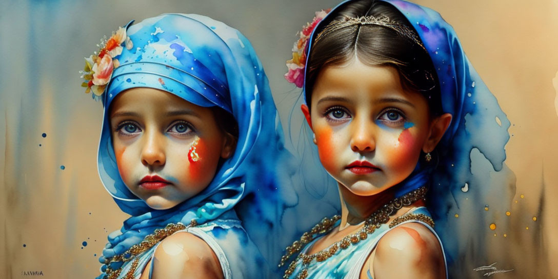 Two young girls with blue headscarves and painted faces in colorful, realistic style