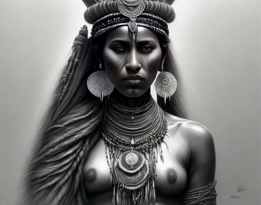 Monochrome artwork featuring person with tribal jewelry and headgear