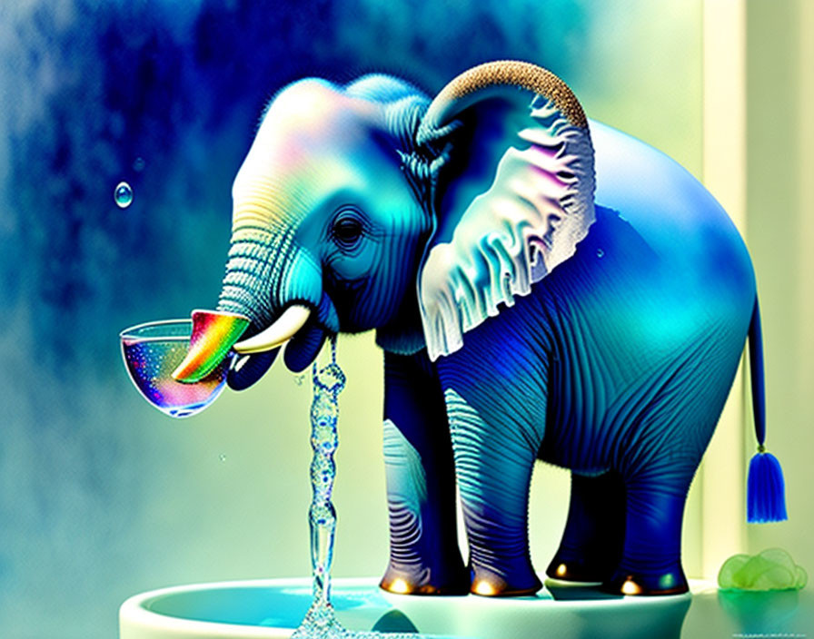 Vibrant Elephant Pouring Water into Glass Artwork