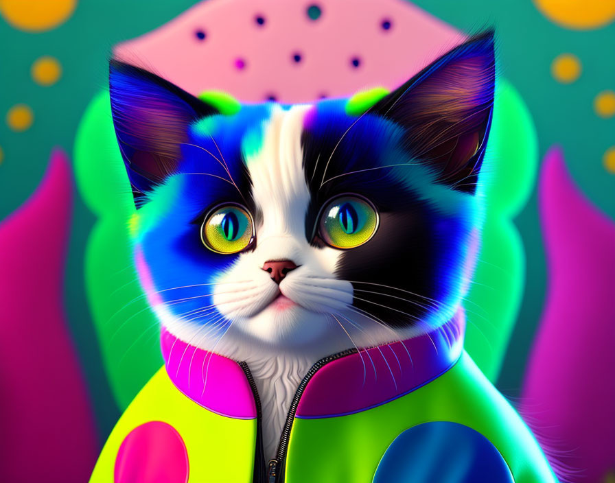 Colorful Digital Art: Whimsical Cat with Big Eyes in Polka-Dotted Jacket