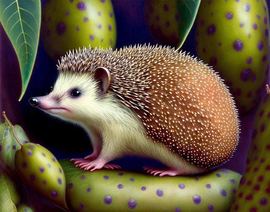 Detailed Hedgehog Illustration Among Green Leaves and Fruit