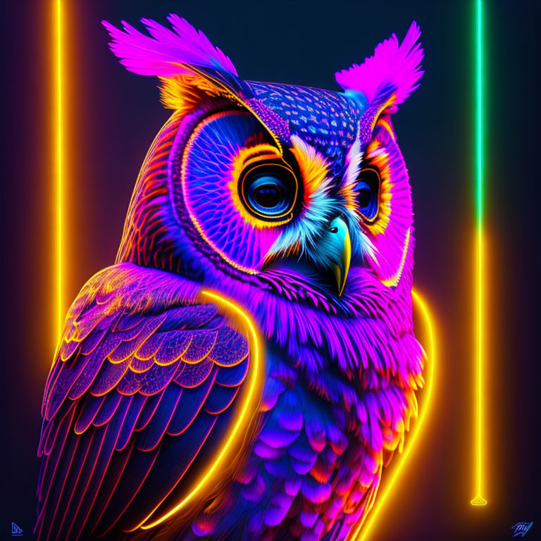 Colorful Digital Art: Neon Owl in Purple, Blue, and Orange on Dark Background