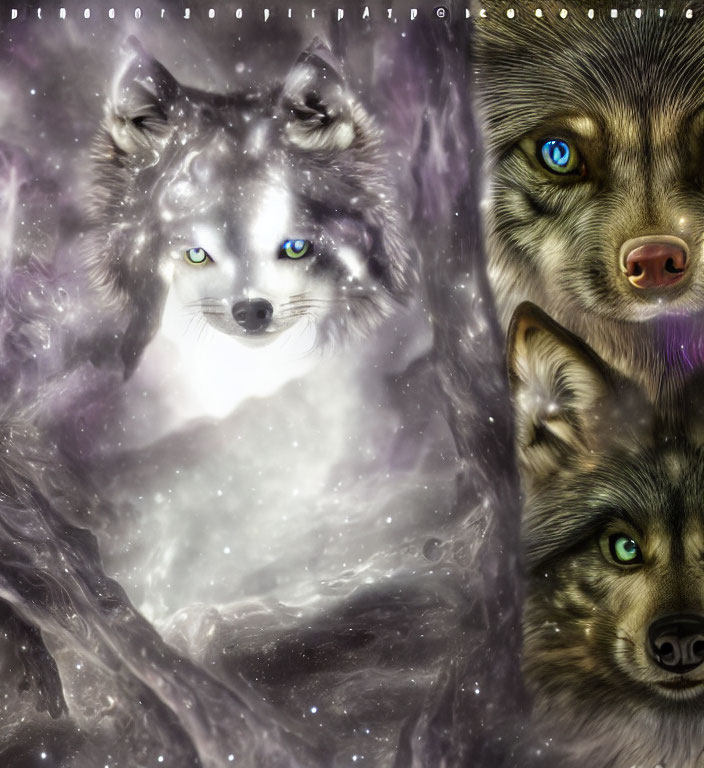 Mystical digital art montage: Wolves with vivid blue eyes in galaxy backdrop