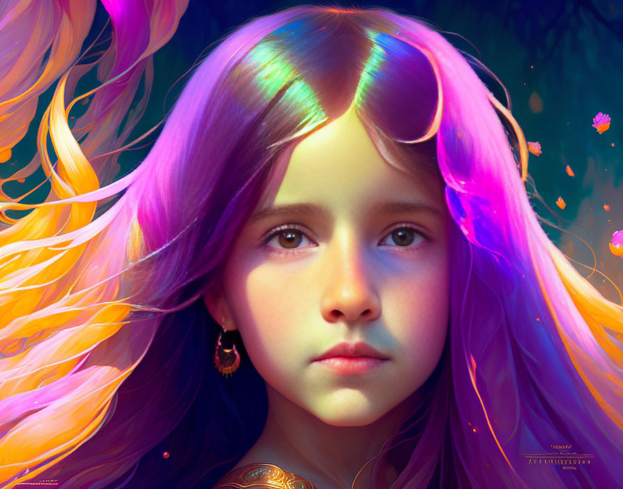 Vibrant digital artwork: Young girl with multicolored hair in fantasy setting