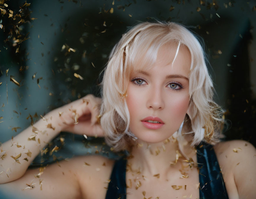 Blonde Woman with Blue Eyes Surrounded by Golden Confetti