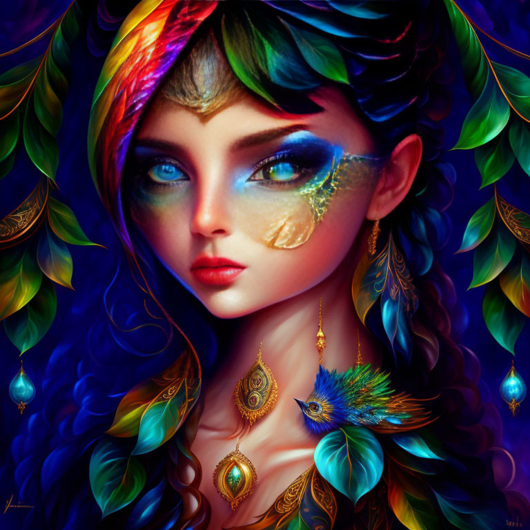 Vibrant digital artwork featuring woman with peacock feather hair and makeup