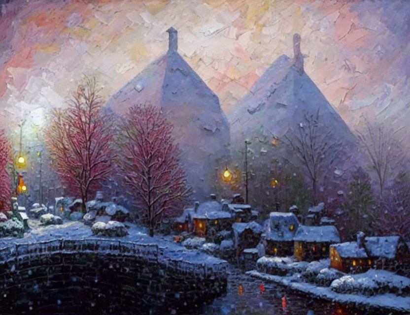 Snowy evening scene with warmly lit cottages, glowing streetlights, and snow-covered trees by a