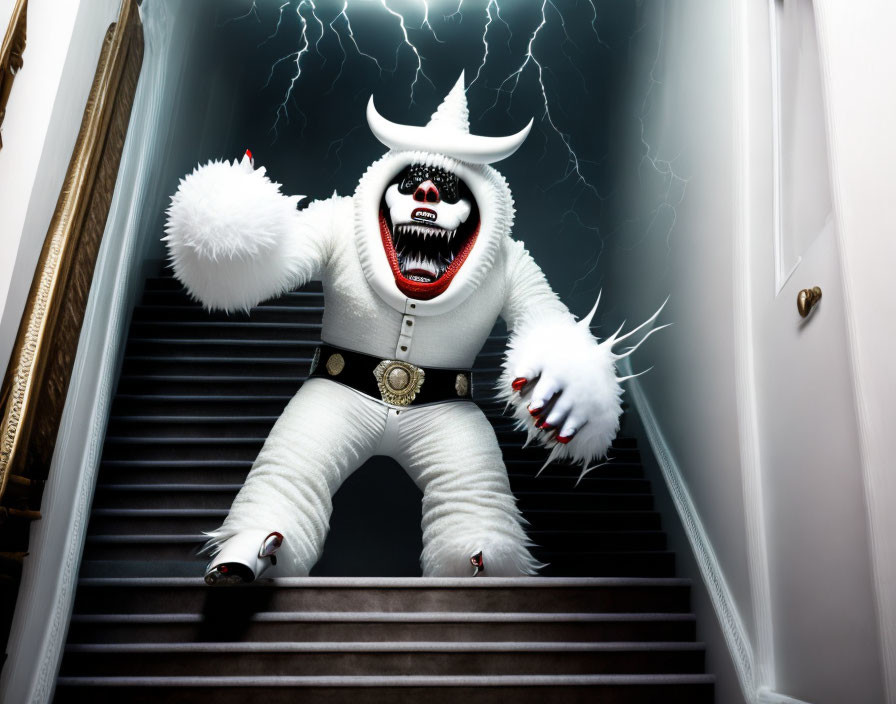 White-furred creature with horns and red eyes on staircase with lightning striking