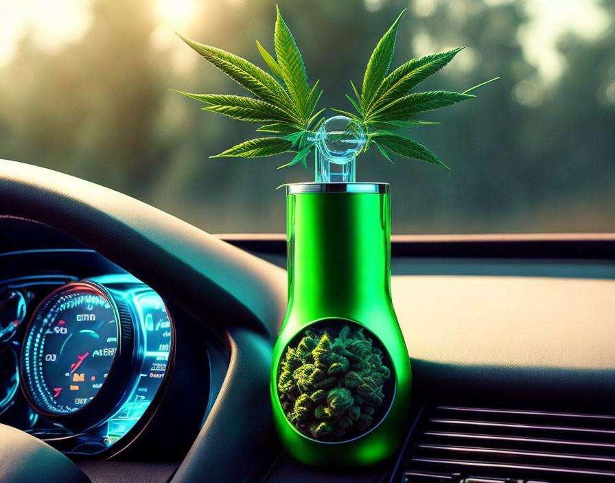 Chemistry Flask Car Air Freshener with Cannabis Leaf and Buds on Dashboard