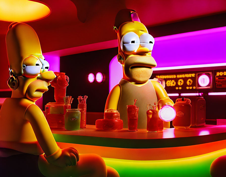 Colorful lighting illuminates animated characters in a bar with drinks.