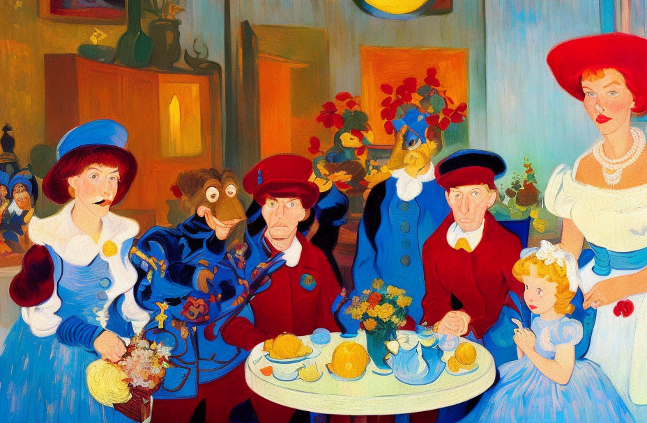 Vibrant painting of whimsical caricatures in cheerful indoor scene