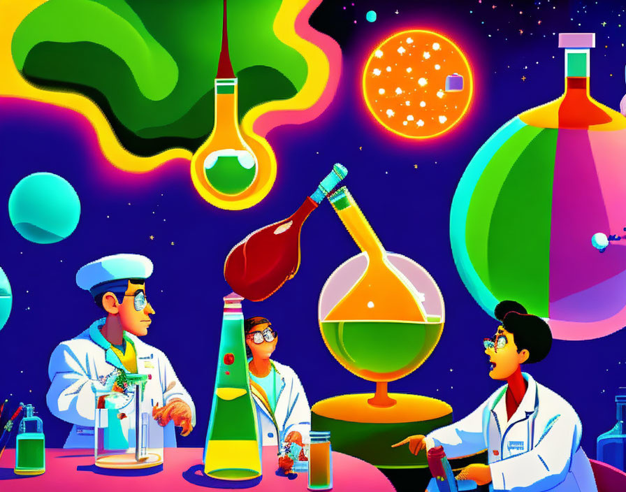 Scientists with lab equipment in colorful space-themed illustration