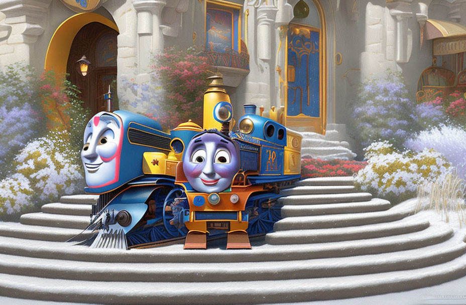 Colorful animated trains at whimsical castle with vibrant flowers