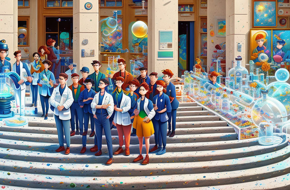 Colorful animated scene with uniformed characters and fantastical building.