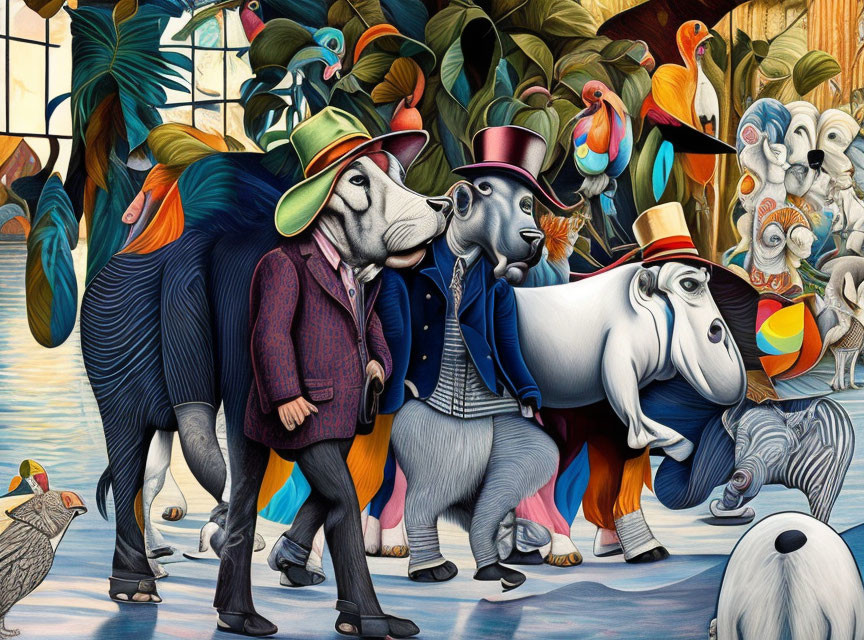 Victorian-style dressed anthropomorphic animals socializing in vibrant colors.