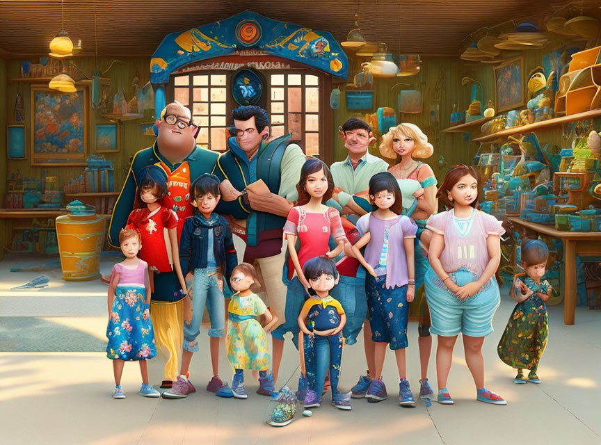 Diverse animated family in vintage shop with magical items