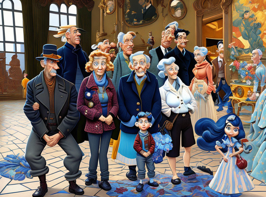 Vibrant diverse animated characters in ornate room art scene