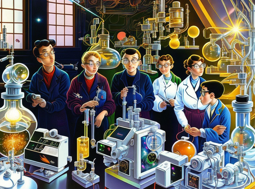 Five individuals in vibrant high-tech laboratory setting.