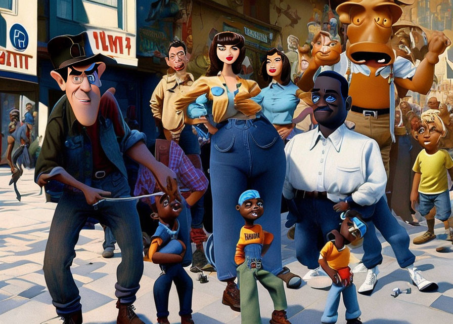 Exaggerated animated characters on street depict diverse group