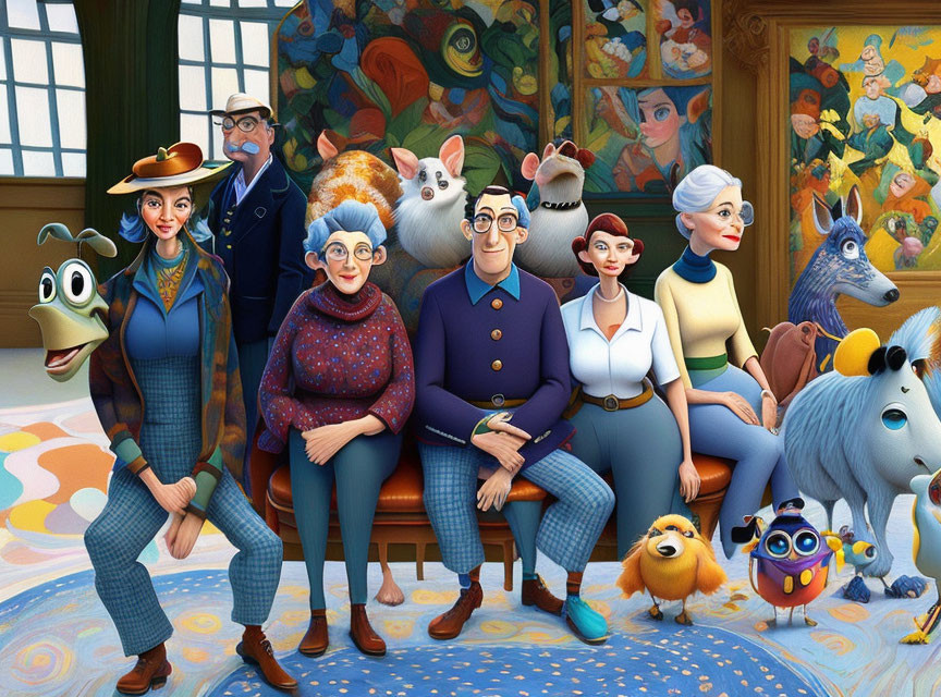 Vibrant illustration featuring elderly couples, man, animals, and paintings