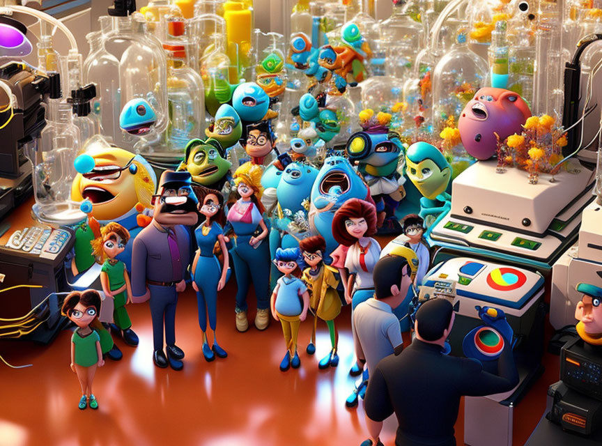 Vibrant Animated Characters in Colorful Lab Setting