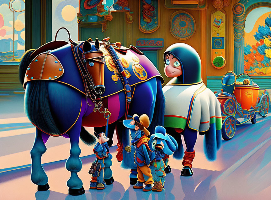 Vibrant animated scene with stylized horse, figures in blue outfits, and ornate carriage