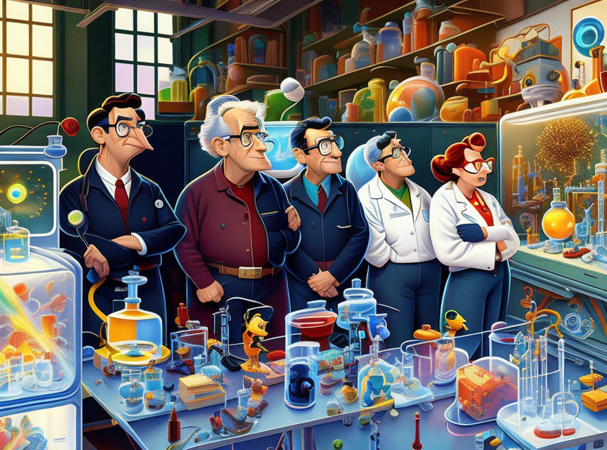 Colorful laboratory scene with animated scientists and whimsical details