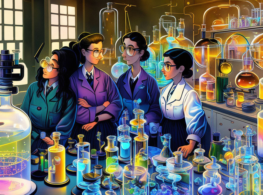 Vibrant Chemistry Lab with Four Animated Characters