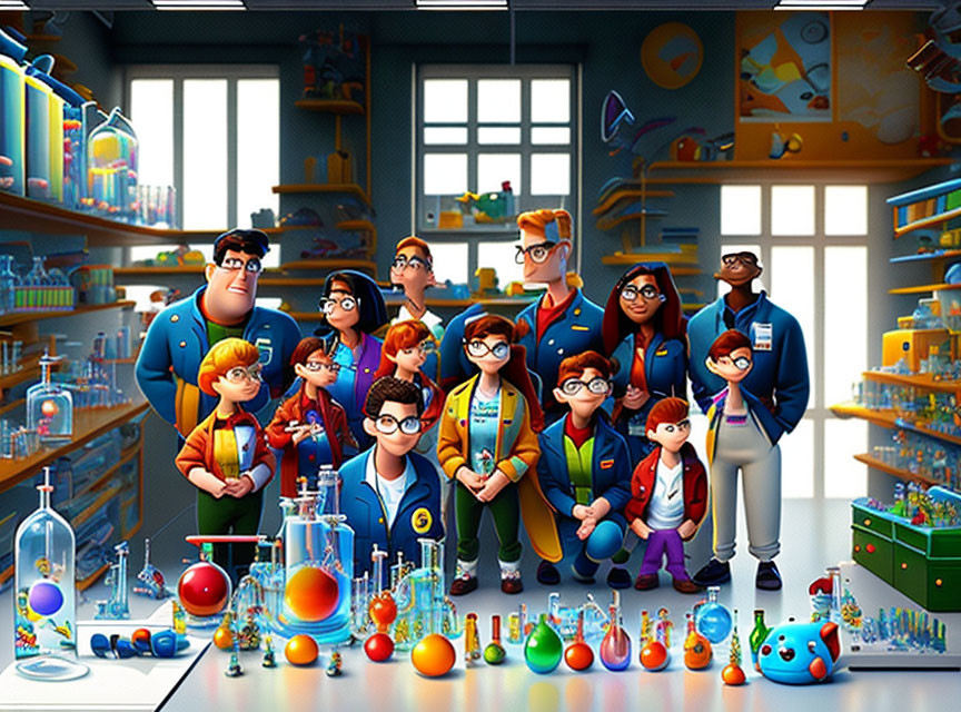 Colorful Animated Characters in Lab Setting with Gadgets and Test Tubes