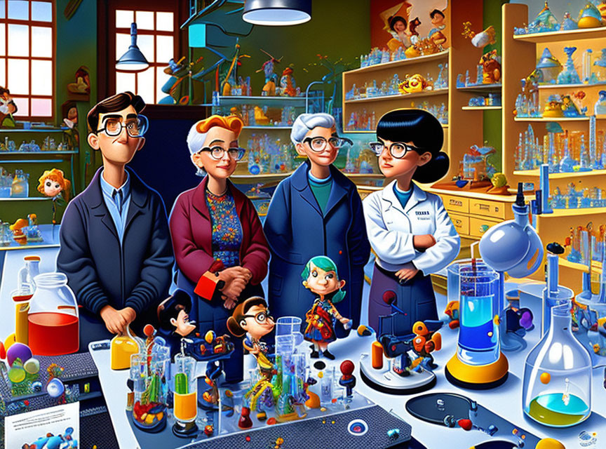 Four scientists conducting experiments in a vibrant lab with colorful chemicals and toy-like characters.