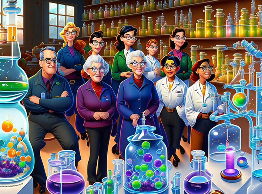 Vibrant lab scene with animated scientists conducting experiments