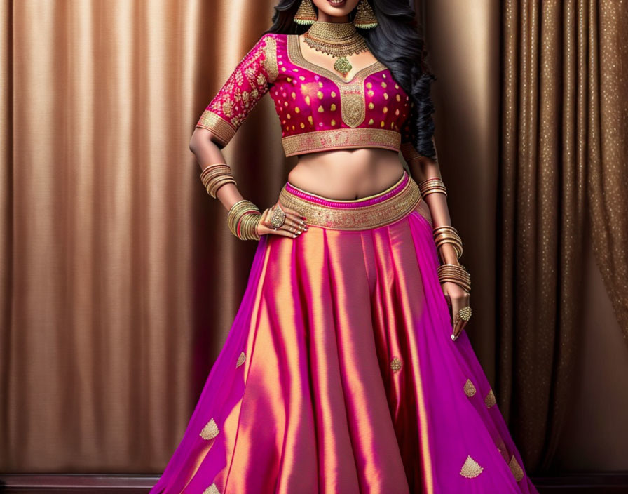 Elegant woman in traditional pink Indian lehenga art.