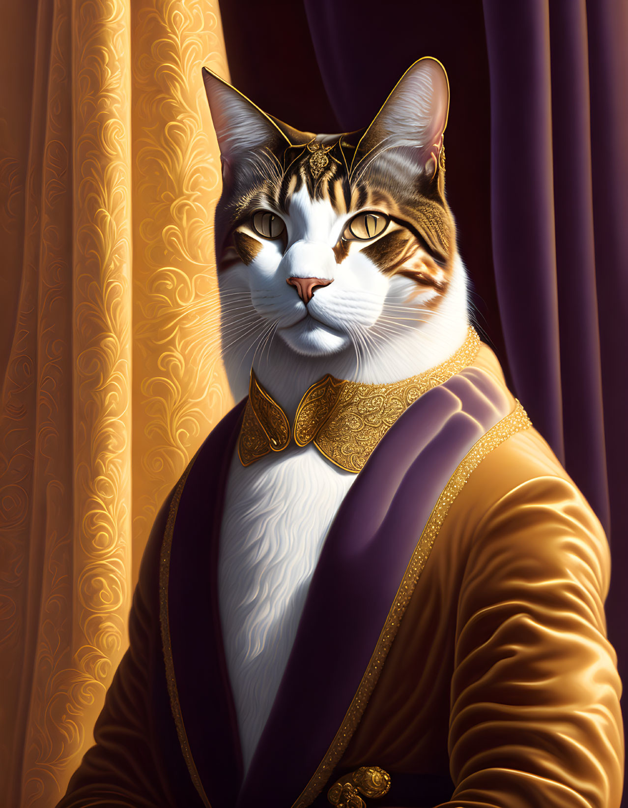 Regal Cat in Purple Jacket and Bow Tie Poses by Golden Curtains