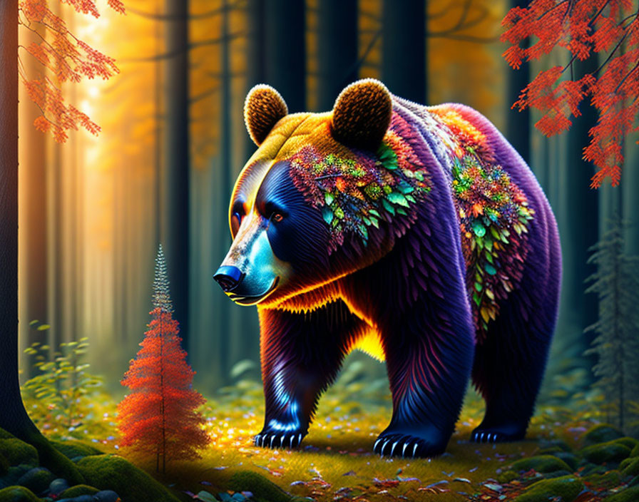 Colorful bear with forest mosaic fur in vibrant autumn forest