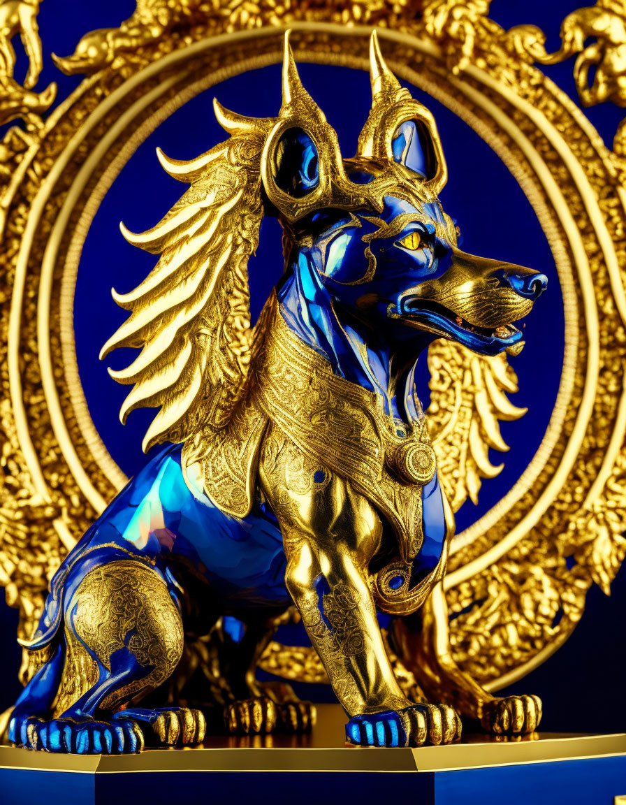 Blue and Gold Winged Lion-Dog Statue on Golden Circular Background