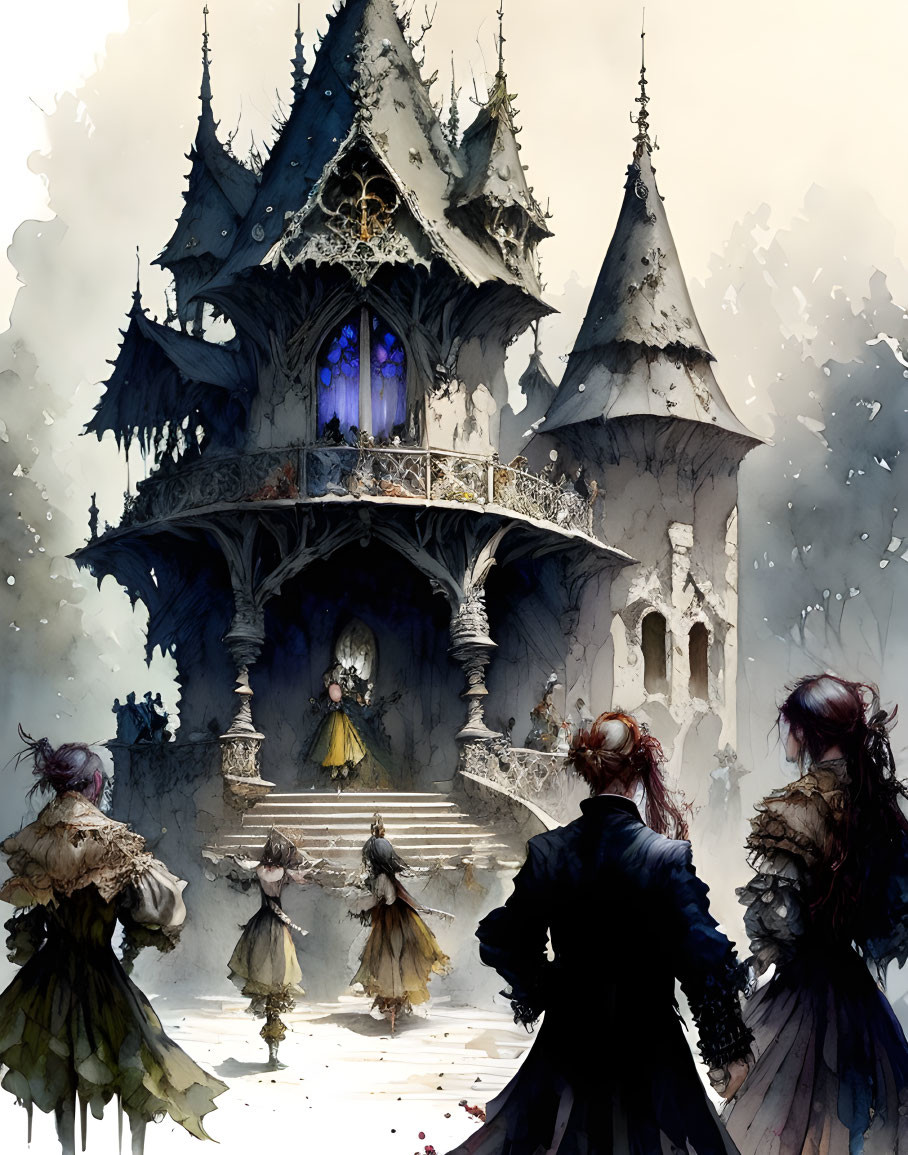 Gothic mansion in fog with silhouetted figures ascending staircase