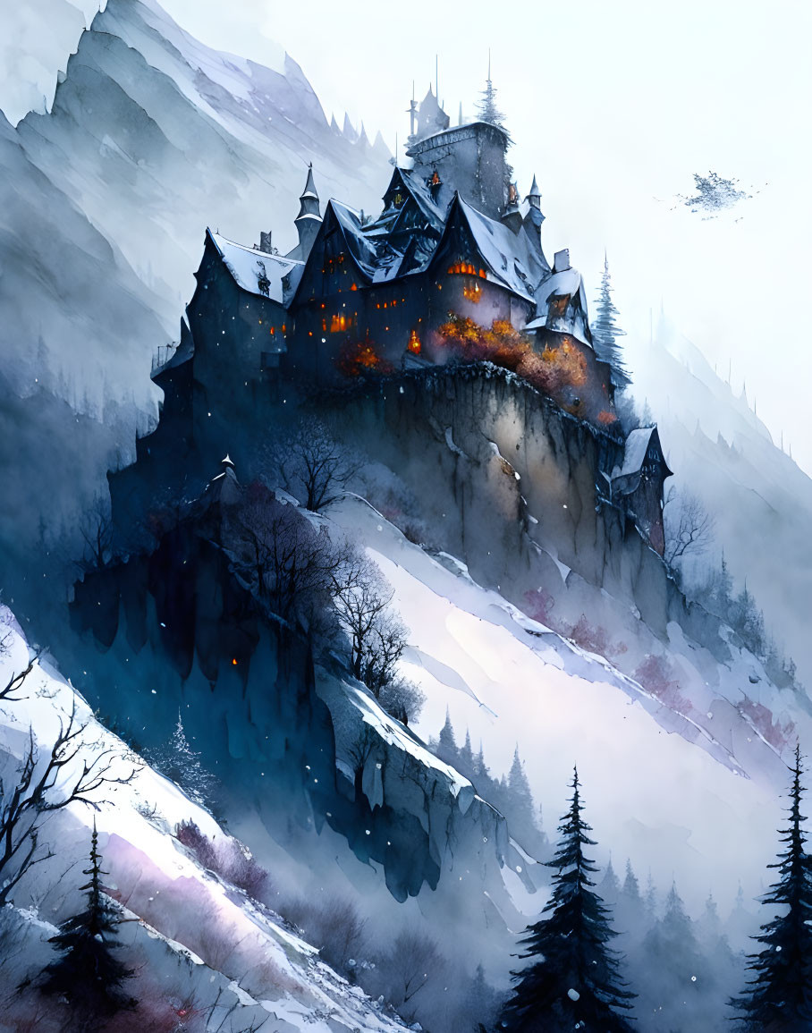 Illuminated castle on snow-covered cliff with misty wintry forest.