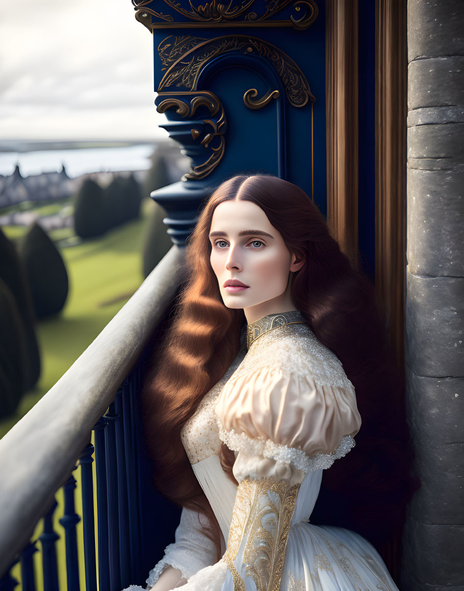 Woman in vintage white dress by blue door in classic garden