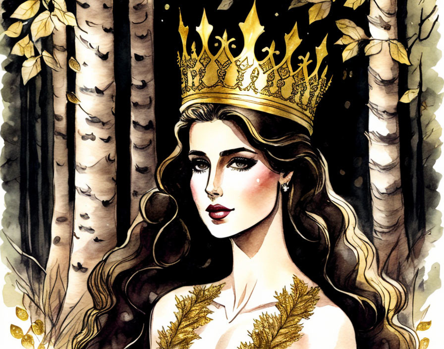 Regal queen with golden crown in forest setting