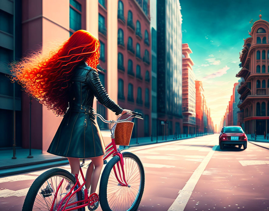 Red-haired woman with bicycle in sunny cityscape.